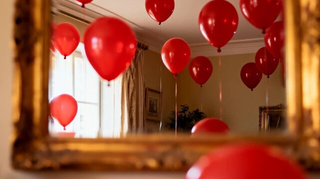 Window draft nudging red helium balloons in parlor, mirror reflecting gold frame and front balloon