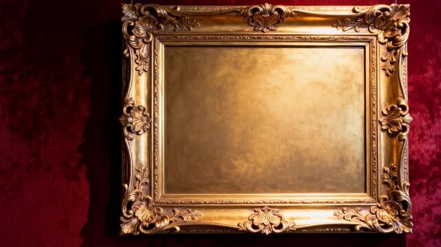 Moving camera approaching ornate gilded frame on gallery wall, spotlight highlighting carved motifs