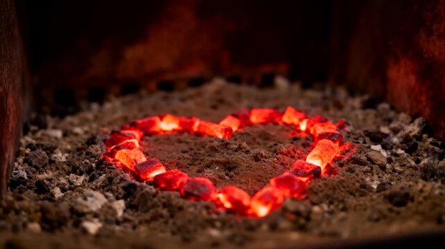 Pulsing heart coal ring brightening and dimming from heat shifts inside firebox with ash bed