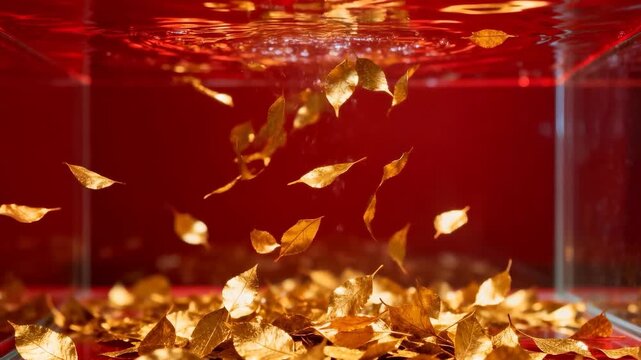 Entering from above gold leaves drifting through liquid in glass tank, red backdrop, forming pile