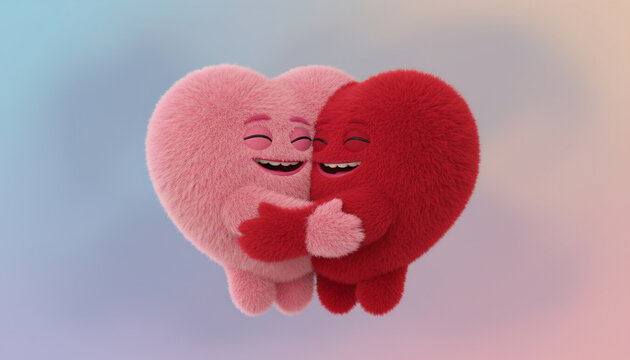 Two happy fluffy heart characters hugging tightly, pink and red 3D monsters in love - Togetherness