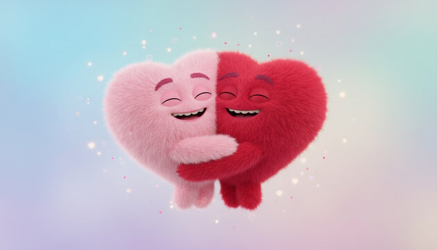 Two happy fluffy heart characters hugging tightly, pink and red 3D monsters in love - Togetherness