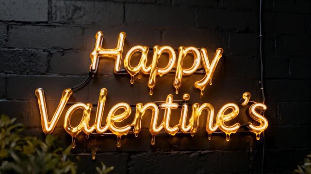 Zooming camera revealing neon sign reading Happy Valentine's on dark brick wall, revealing foliage