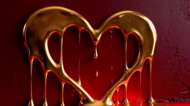 Dripping gold heart forming streams detaching droplets as sequence start, red gloss table pooling
