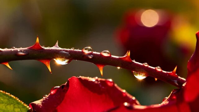 Shifting droplets deforming under gravity on thorned rose stem in golden garden, red petal, bokeh