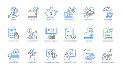 Money Management and personal finance icon set pack collection. Vector Illustration