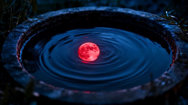 Appearing red orb floating on stone basin water in garden, casting red glow and expanding ripples
