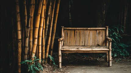Rustic wooden bench sits beside tall golden bamboo stalks in a dim forest setting