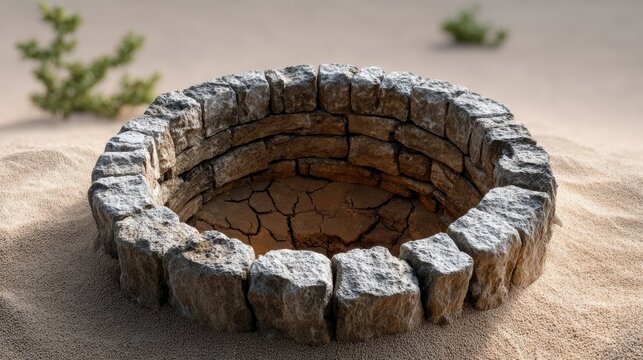 A large stone circle with a hole in the middle. The circle is surrounded by rocks and the hole is in the center. The image has a sense of mystery and intrigue