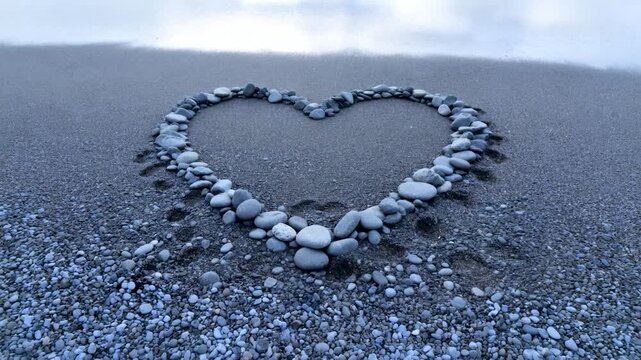 Recording camera capturing shifting framing of stone heart on dark sand at shore logging prints