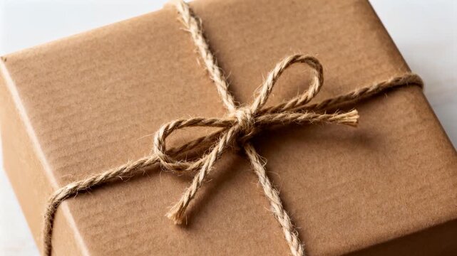 Zooming camera revealing kraft box on white tabletop to highlight textured jute twine bow