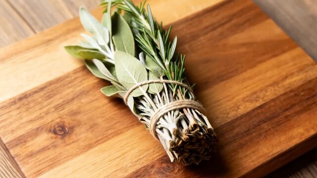 Shifting camera showing tied sage, rosemary bundle with twine on cutting board, warm light texture