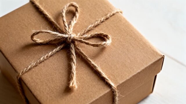 Zooming camera revealing square kraft box with twine bow on light tabletop for product display