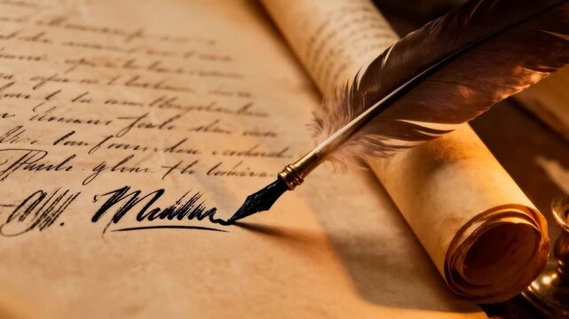 Drawing quill nib forming signature at desk after touching parchment, finishing letter by candle