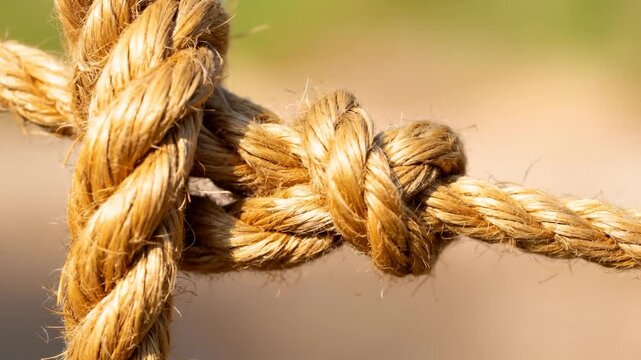 Shifting camera showing jute rope knot braided left, tightening and catching light in outdoor bokeh
