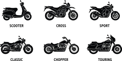 Motorcycle silhouette illustration collection featuring scooter, cross dirt bike, sport racing motorcycle, classic retro design, chopper custom style, touring long‑distance travel vector artwork set © MSTRAMANA