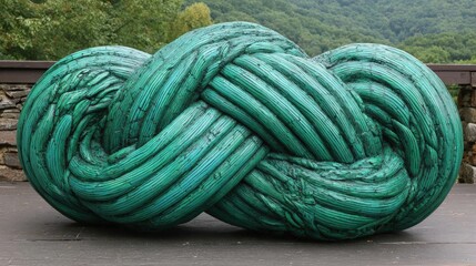 Oversized sculpture resembling a thick, intricately tied knot displays weathered green coloration outdoors