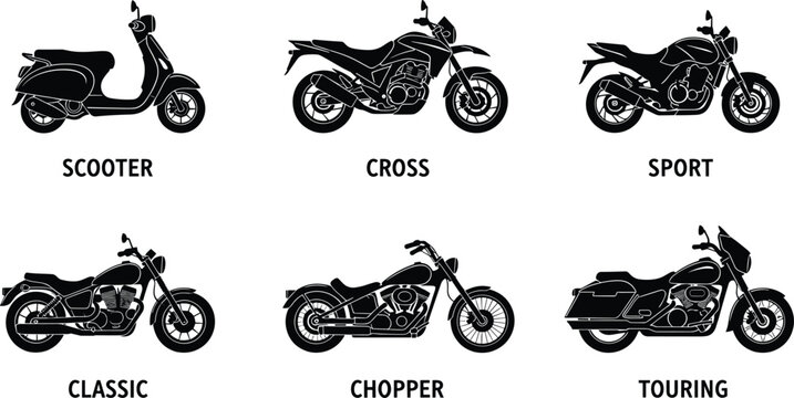 Motorcycle silhouette illustration collection featuring scooter, cross dirt bike, sport racing motorcycle, classic retro design, chopper custom style, touring long‑distance travel vector artwork set