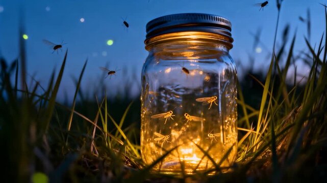 Emitting warm glow, mason jar attracting fireflies in grassy meadow at dusk, metal lid reflecting
