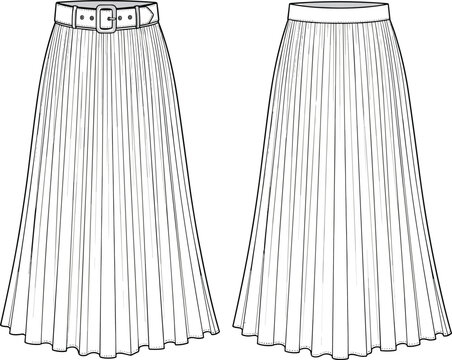 Pleated skirt fashion flat sketch with waistband variations, belt and buckle detail, plain waistband option, flared silhouette, technical garment illustration front and back views