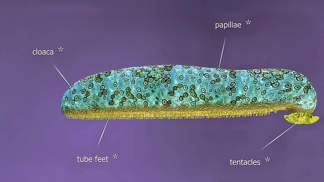 Sea cucumber anatomy includes tentacles, tube feet, body wall, digestive tract, respiratory trees, and gonads.
