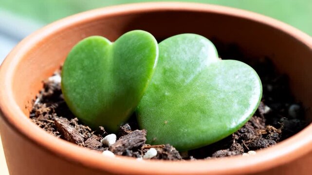 Pulling back, camera revealing two heart Hoya leaves on sill in terracotta pot, showing pot rim