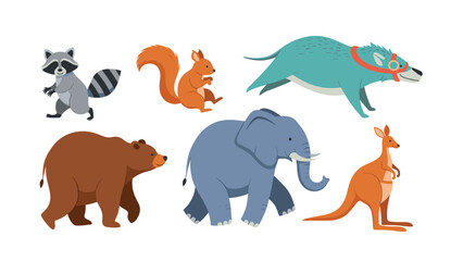 Obraz premium Set of diverse animals including a raccoon, squirrel, wolf, bear, elephant, and kangaroo on a white background.