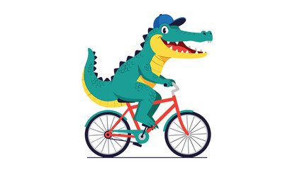 Fototapeta premium Fun illustration of a green crocodile wearing a blue cap and riding a red bicycle against a plain white background.