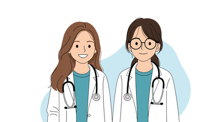 Fototapeta premium Two professional female doctors wearing white lab coats and stethoscopes smile warmly in this healthcare themed illustration.