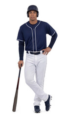 Portrait of a pro male baseball athlete standing confidently with bat, isolated