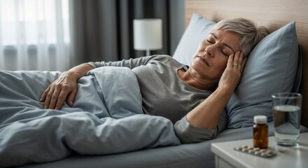 Fototapeta premium Elderly woman lies in bed with closed eyes holding her head as she rests during the morning in a softly lit bedroom while facing health issues and seeking comfort