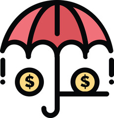 Conceptual finance icon showing wealth protected under an umbrella