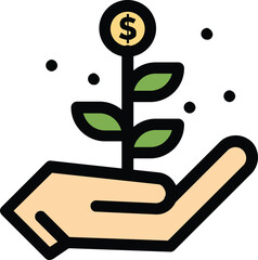 Conceptual artwork showing wealth growing like a plant from an open palm, clean vector style