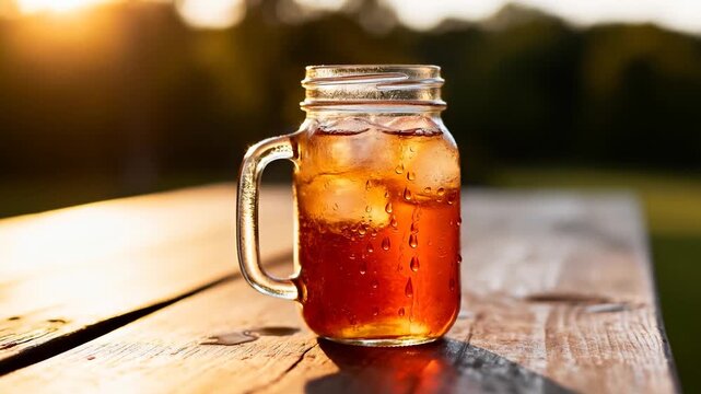 Camera pushing closer, mason jar resting on picnic table, iced tea and ice capturing golden glow