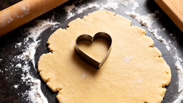 Placing heart-shaped cutter pressing into rolled dough on floured board, cutting heart cookie