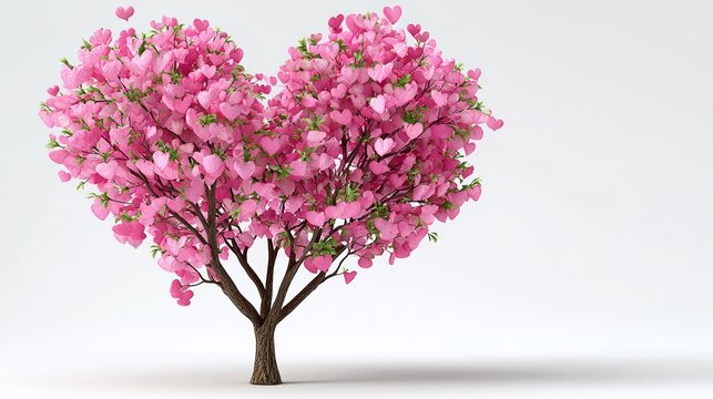 A tree with pink flowers and heart shaped leaves. The tree is the center of the image and the pink flowers are scattered around it. The heart shape of the tree