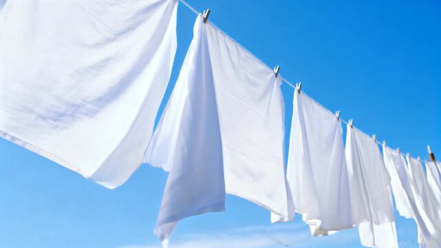 Rippling white linens flapping on home clothesline as breeze picks up to dry, with clothespins