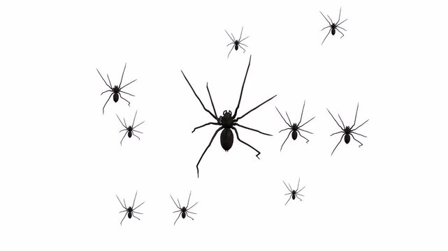 Black spiders walking on wall or climbing on wall with white background or chroma key video clip or motyion