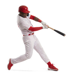 Black male baseball athlete hitting ball in powerful swing motion in white and red uniform