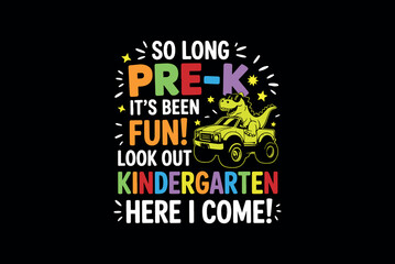 Fototapeta premium Bright colorful design celebrating transition from preschool to kindergarten with playful text and vibrant school bus illustration