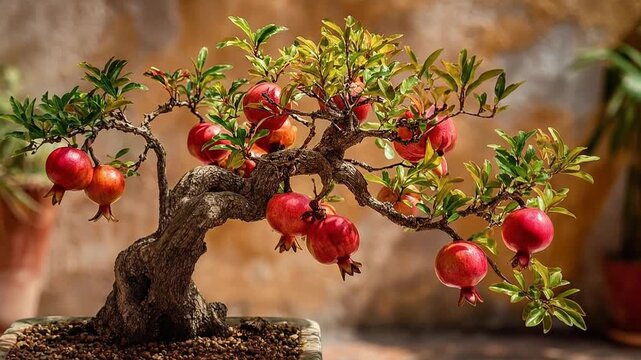 Bonzai fruiting charm abundance appetizing rich textures contrast create beautiful natural scene vibrant red fruit lush green leaves decorative pot