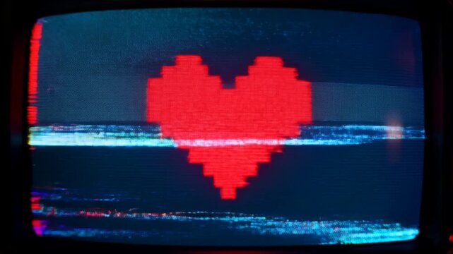 Glitching CRT showing red 8-bit heart as left glitch sweeping across scanlines due to interference