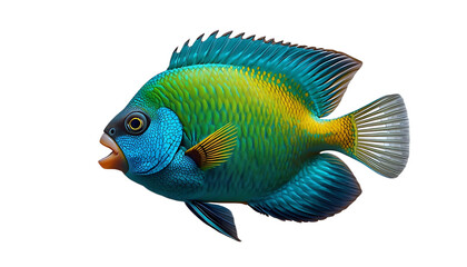 Fototapeta premium Turquoise and Lime Green Tropical Parrotfish with Detailed Scales and Beak-Like Mouth Isolated on Plain Background