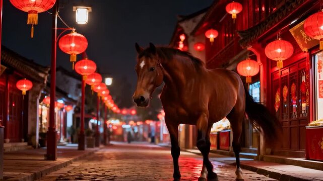 Walking brown horse entering street, moving toward camera over wet cobbles reflecting red lanterns