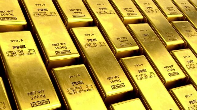 Close-up view endless loopable moving stacks of gold bars. Success or getting rich concepts. Animation of sliding camera view on gold bars