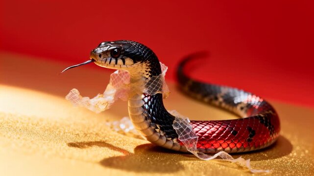 Shedding red-black banded snake pulling molted skin free on gold surface, Happy New Year text