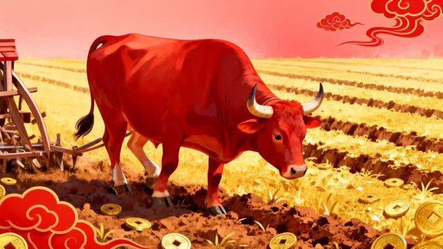 Shifting red ox moving hooves on field as frames progress for plowing, plow visible revealing coins