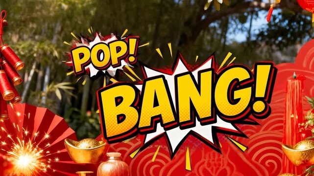 Starting frame change, animating festive decor expanding in garden, marking festival with BANG, POP