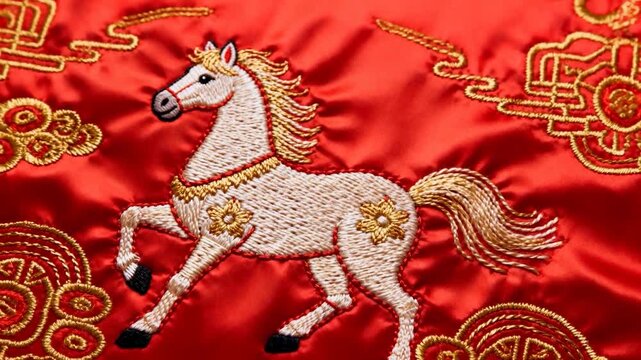 Pulling back camera revealing embroidered horse motif on red satin panel, with gold thread motifs