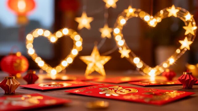 Camera rolling, heart LED rings and star light glowing on tabletop for festive decor, red envelopes